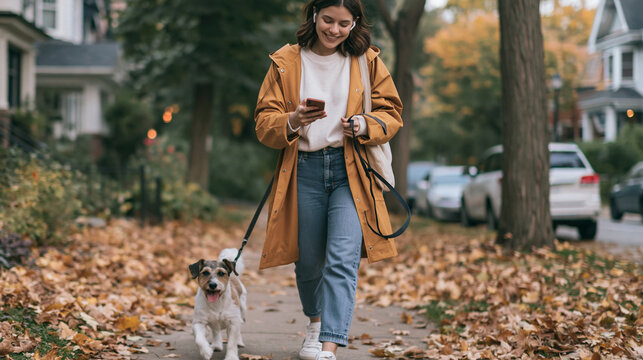 Woman walking her dog on a sidewalk covered with autumn leaves, looking at her smartphone and listening to music