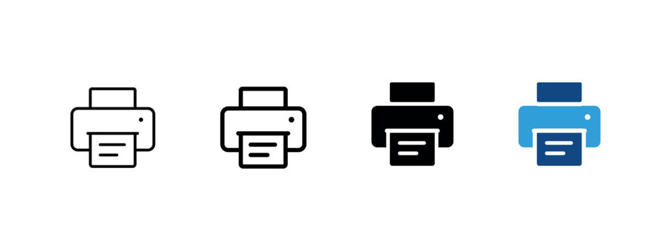 Printer icon. Office printing or document sign. Paper copy and business equipment thin symbol. Computer peripheral and workplace pictogram. Blue printer illustration.