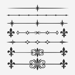 Assorted vector divider elements featuring fleur de lis motifs star accents and refined calligraphic lines for enhanced document formatting and creative branding use. © cu