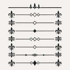 Set of elegant fleur de lis divider elements vector design collection featuring ornate flourishes diamonds and vintage scrollwork decorative lines for professional layouts. © cu