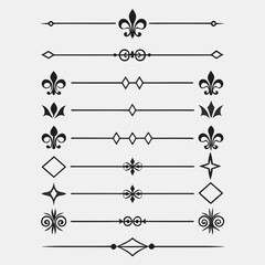 Graphic collection of calligraphic vintage dividers with fleur de lis symbols and geometric diamond accents for luxury invitation and elegant editorial page layout design. © cu