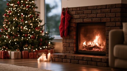 Naklejka premium Cozy living room with fireplace and decorated Christmas tree