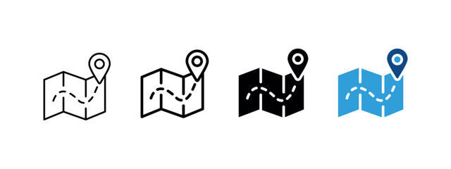 Fototapeta premium Map route icon. Travel navigation and destination sign. Location marker and journey path symbol. Route planning thin pictogram. Thin blue map illustration for travel and navigation.
