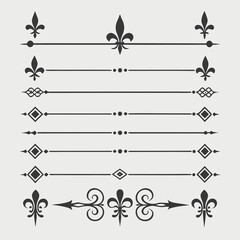 Elegant collection of vector decorative dividers with fleur de lis symbols and symmetric scroll patterns for high end print design and sophisticated editorial layout needs. © cu
