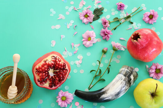 Rosh hashanah (jewish New Year holiday) concept. Traditional symbols
