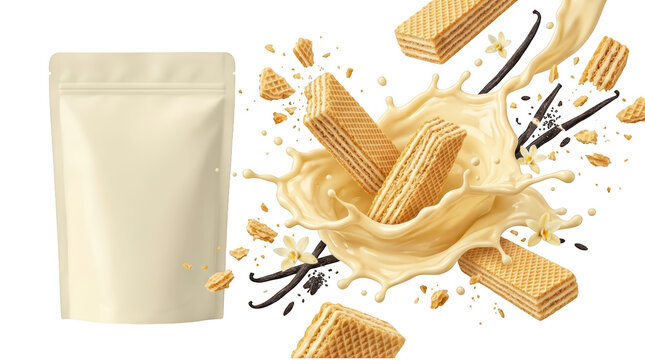 Vanilla wafers with cream splash and blank pouch packaging isolated on transparent background