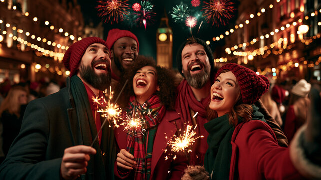 Diverse friends celebrating new year's eve, laughing while holding sparklers, fireworks lighting london sky over iconic clock tower