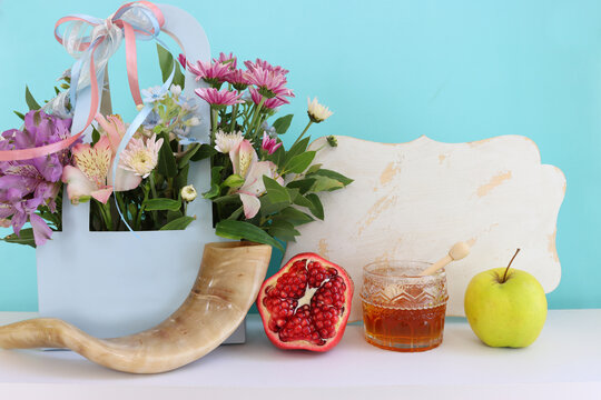 Rosh hashanah (jewish New Year holiday) concept. Traditional symbols