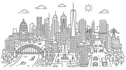 Obraz premium city skyline urban landscape line art of a modern citys architecture featuring a river bridge and highway.