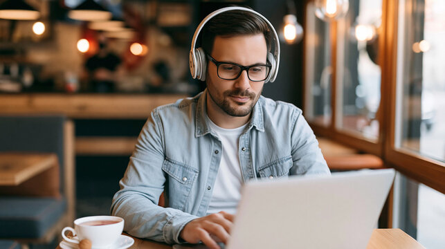 Young man wearing headphones and glasses working remotely on laptop in a modern coffee shop