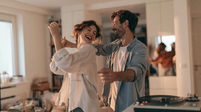 Happy couple dancing and laughing together at home, enjoying music from a turntable in their living room