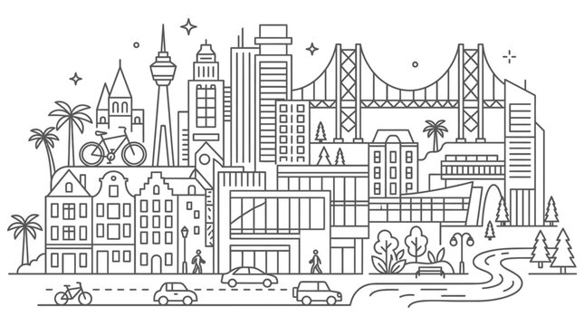 city skyline line art vector illustration of a modern urban landscape featuring diverse architecture bridges and city life.