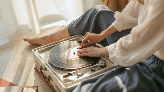 Woman enjoying music at home, placing vinyl record on vintage turntable for a moment of relaxation and nostalgia