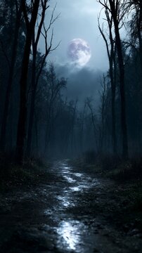 Foggy forest path under full moon night