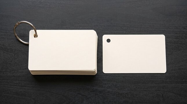 Blank white flash cards on a metal ring on dark wood