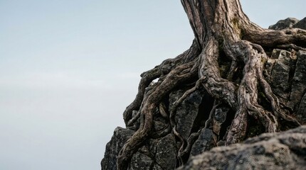 Fototapeta premium Strong Tree Roots Clinging to Rocky Cliff Against Sky