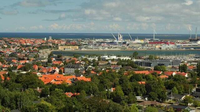 Scenic aerial view of frederikshavn cityscape port and sea