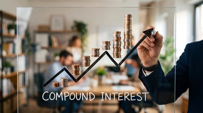 Business person drawing a compound interest chart with coins
