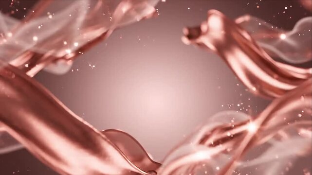 Abstract flowing pink silk ribbon background with luminous copper folds, radiant highlights, sparkling particles, soft rose palette, translucent fabric curves, elegant atmospheric texture composition