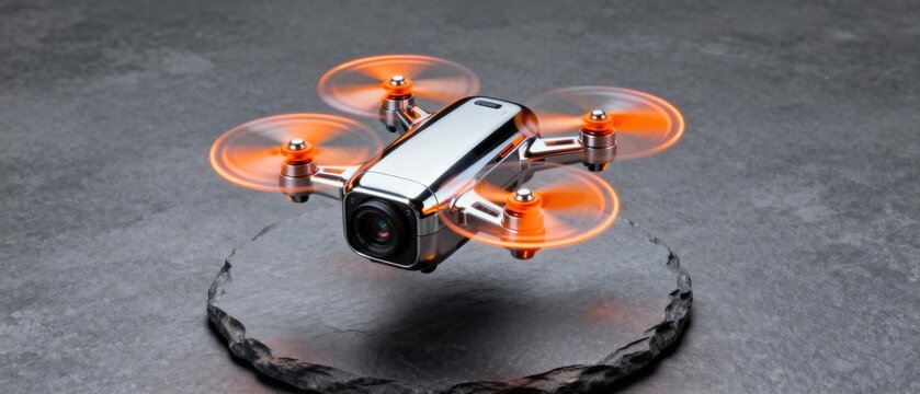 Orange micro drone with four propellers hovering on reflective black surface highlighting drone, quadcopter, and micro drone in a contemporary visual concept for creative and commercial use siyam
