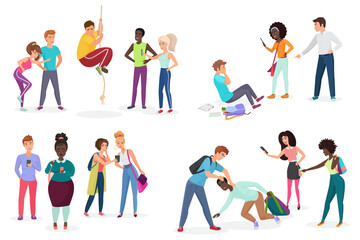 Fototapeta premium Teenagers experiencing bullying, harassment, exclusion in various school situations, highlighting emotional distress and negative social interactions, isolated on white background vector illustration