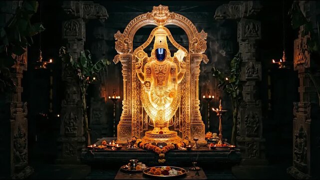 A magnificent golden idol of a Hindu deity, possibly Lord Venkateswara, adorned with jewels, standing within an ornate archway in a dimly lit, ancient temple interior with offerings.