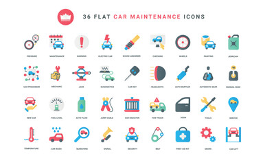 Naklejka premium Trendy flat color icons for maintenance repair car service, auto shop, including mechanic tools, equipment for automotive diagnostics in garage, tech machine parts, engine vector illustration