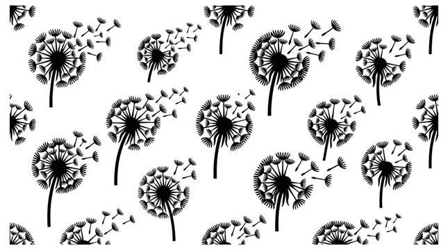 black dandelion pattern with blowing seeds on white a delicate nature texture for elegant spring and summer designs.