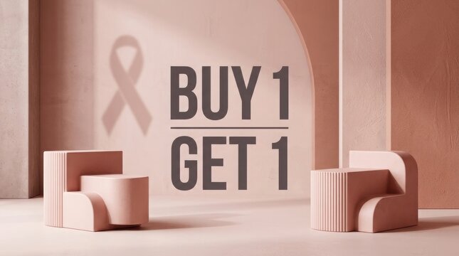 A promotional display for breast cancer awareness month in october featuring a buy one get one free shopping offer