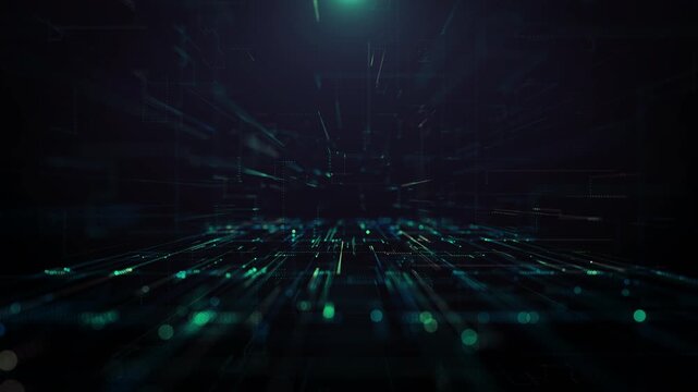 Futuristic abstract technology background with glowing teal data lines, digital particles, and network grids in dark cyberspace, representing big data, connectivity, computing, and information flow.