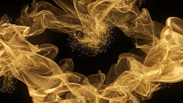Abstract Golden Liquid Swirl and Ribbon Wave Creating Luminous Translucent Background with Sparkle Particles, Mirrored Flowing Curves, Elegant Symmetrical Motion and Dramatic Dark Contrast