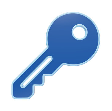 Blue 3D key icon on white background, security and access symbol, modern plastic key for digital login and protection concepts