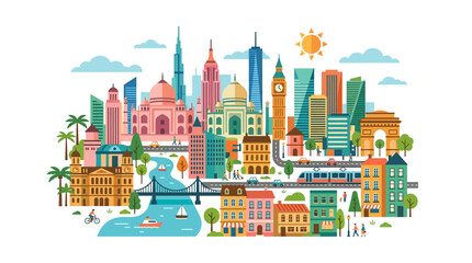 Naklejka premium global city travel world landmarks urban landscape flat design illustration of diverse iconic architecture and cultural destinations.