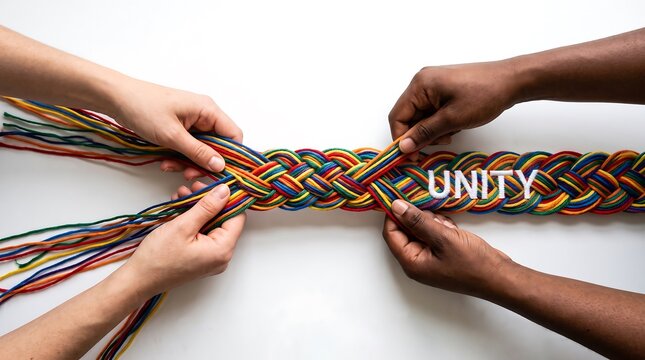 Diverse hands braiding colorful ropes together representing unity