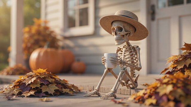 Skeleton sitting on porch with autumn leaves