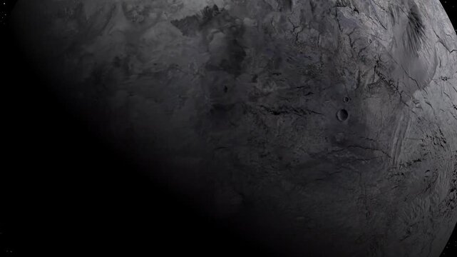 Cinematic view of a Eris fictional planet surface in deep space with craters and shadows.