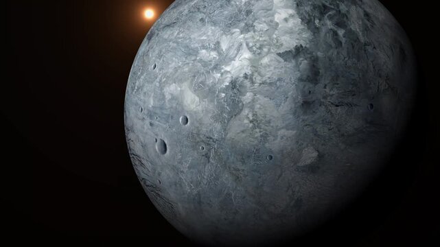 Cinematic view of a frozen Eris fictional planet in deep space with a distant sun in the background.