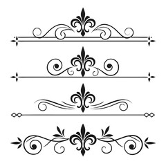Black decorative text dividers and ornamental fleur de lis borders, vintage filigree flourish elements, ideal for formal document design and elegant layouts. © go
