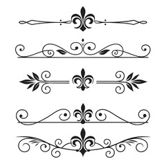 Fleur de lis dividers and royal ornaments set for traditional page layout design featuring classic french lily symbols and sophisticated filigree scrollwork elements. © go