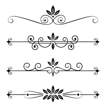 Elegant ornamental line dividers with scroll flourishes and botanical accents for document decoration and professional page formatting featuring classic black filigree.