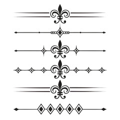 Set of black vintage calligraphic dividers with ornate fleur de lis decorative elements for elegant book page embellishments and sophisticated wedding invitation design. © go