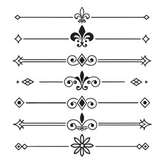 Set of elegant black page dividers featuring fleur de lis motifs and geometric diamond accents for sophisticated wedding invitation design and editorial layouts. © go