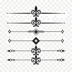 Set of decorative horizontal line dividers with fleur de lis and geometric ornaments for vintage design projects elegant page breaks and borders on transparent background. © go