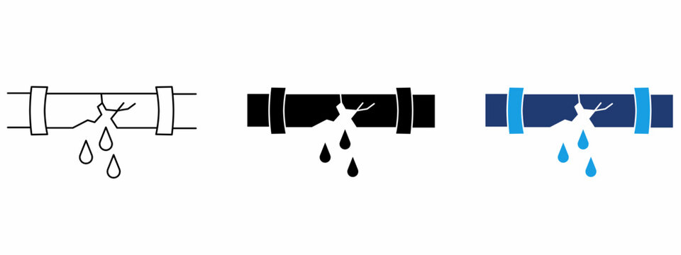 Burst pipe icon set showing water leak drops, cracked plumbing, and pipe failure. Symbol of home insurance claim, plumbing repair service, and property damage.