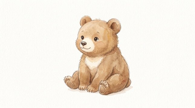 A cute watercolor illustration of a baby brown bear cub sitting upright, front paws resting together in its lap, big round dark eyes and a small black nose, soft floppy rounded ears, painted in warm h