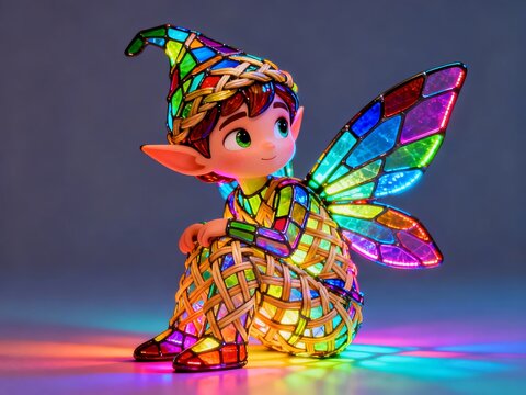 Colorful stained-glass fairy figurine with vibrant wings and hat, sitting on a reflective surface under multicolored lighting