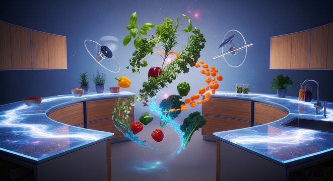 Fresh mixed vegetables and fruits floating in air inside a modern futuristic kitchen interior
