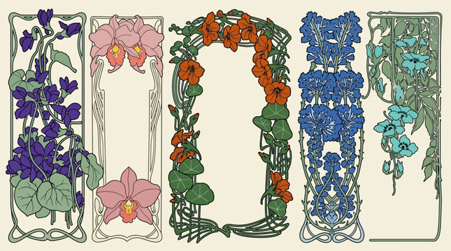 art nouveau floral frames decorative borders with vintage flowers like violets orchids and nasturtiums ideal for botanical illustration.