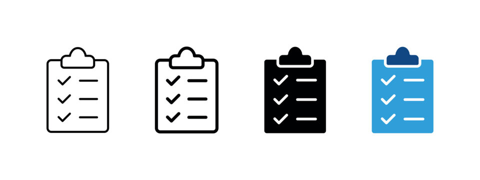 Task checklist icon. Completed work and productivity sign. Document with checkmarks symbol. Thin checklist pictogram. Blue task illustration for planning, organization and project management.