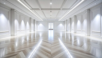 Fototapeta premium A spacious, luxurious ballroom interior, featuring white walls, elegant molding, and polished hardwood floors. No people, this bright hall evokes serenity, perfect for highend events or design.